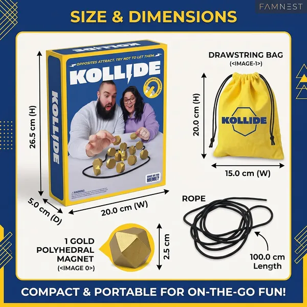FAMNEST_JOYBOX_Kollide_Magnet_Board_Game_for_Family_&_Party_Nights_|_20_Gold_Polyhedral_Magnets,_Rope_&_Storage_Bag_|_Fast-Paced_Strategy_Game_for_2-4_Players,_Ages_14+