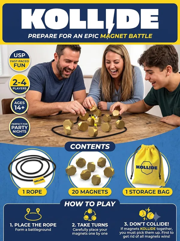 FAMNEST_JOYBOX_Kollide_Magnet_Board_Game_for_Family_&_Party_Nights_|_20_Gold_Polyhedral_Magnets,_Rope_&_Storage_Bag_|_Fast-Paced_Strategy_Game_for_2-4_Players,_Ages_14+