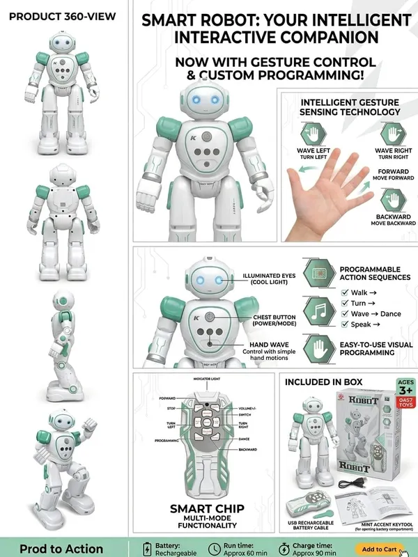 FAMNEST_JOYBOX_Smart_Interactive_Dancing_&_Walking_Robot_Toy_for_Kids_|_Remote_Control_Gesture_Sensing_Electronic_RC_Robot_with_LED_Lights_&_Music_|_Gesture_Control,_Programmable_Actions,_Green