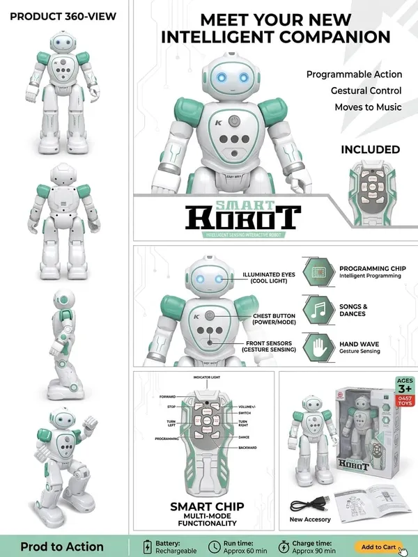 FAMNEST_JOYBOX_Smart_Interactive_Dancing_&_Walking_Robot_Toy_for_Kids_|_Remote_Control_Gesture_Sensing_Electronic_RC_Robot_with_LED_Lights_&_Music_|_Gesture_Control,_Programmable_Actions,_Green