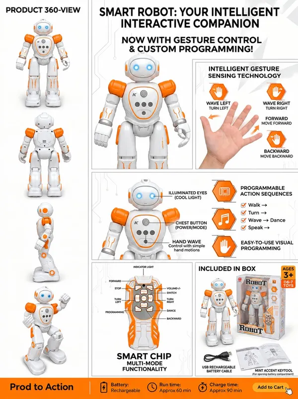 FAMNEST_JOYBOX_Smart_Interactive_Dancing_&_Walking_Robot_Toy_for_Kids_|_Remote_Control_Programmable_Gesture_Sensing_Electronic_RC_Robot_with_LED_Lights_&_Music_with_LED_Illuminated_Eyes,_Orange