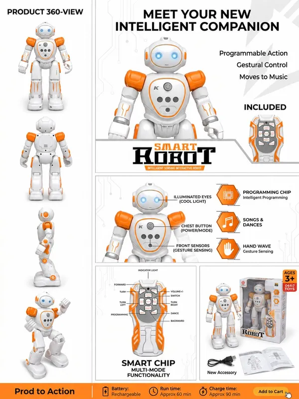FAMNEST_JOYBOX_Smart_Interactive_Dancing_&_Walking_Robot_Toy_for_Kids_|_Remote_Control_Programmable_Gesture_Sensing_Electronic_RC_Robot_with_LED_Lights_&_Music_with_LED_Illuminated_Eyes,_Orange