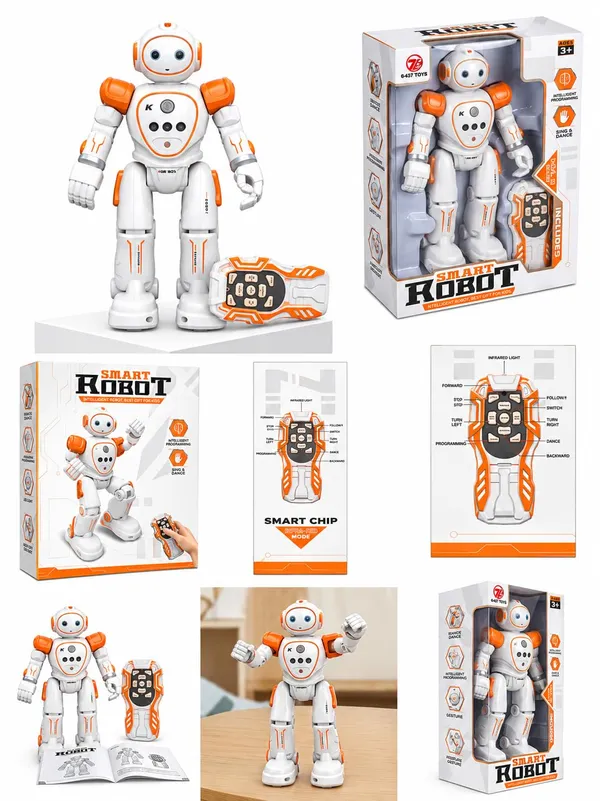 FAMNEST_JOYBOX_Smart_Interactive_Dancing_&_Walking_Robot_Toy_for_Kids_|_Remote_Control_Programmable_Gesture_Sensing_Electronic_RC_Robot_with_LED_Lights_&_Music_with_LED_Illuminated_Eyes,_Orange