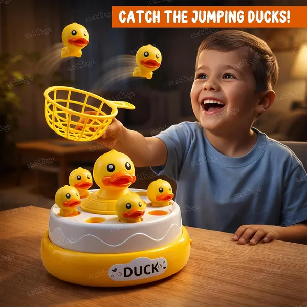 FAMNEST_JOYBOX_Bouncing_Duck_Catch_Game_with_Nets_|_360_Rotating_Interactive_Jumping_Duck_Toy_|_8_Pop_Up_Toys,_Music_Mode,_Board_Game_with_2_Catching_Nets_for_Kids_|_Family_Fun_Educational_Indoor