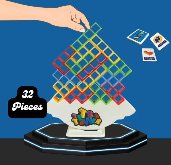 FAMNEST_JOYBOX_Tetra_Balance_Stacking_Tower_Game_|_32_Blocks_and_24_Action_Cards_|_Tetris-Style_Blocks_Wobble_Balancing_STEM_Board_Game_for_Kids_Adults_Boys_Girls_|_Family_Game