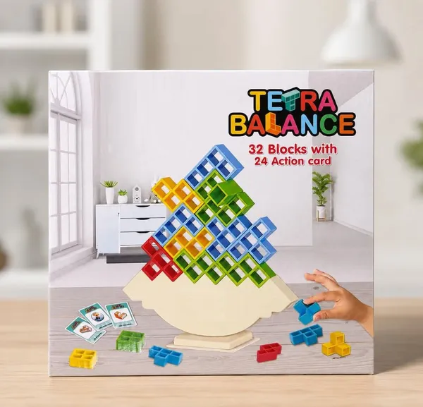 FAMNEST_JOYBOX_Tetra_Balance_Stacking_Tower_Game_|_32_Blocks_and_24_Action_Cards_|_Tetris-Style_Blocks_Wobble_Balancing_STEM_Board_Game_for_Kids_Adults_Boys_Girls_|_Family_Game