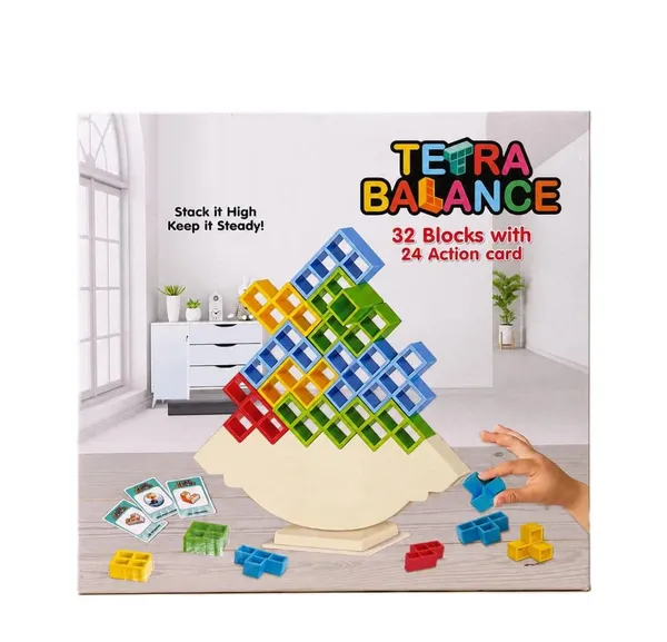 FAMNEST_JOYBOX_Tetra_Balance_Stacking_Tower_Game_|_32_Blocks_and_24_Action_Cards_|_Tetris-Style_Blocks_Wobble_Balancing_STEM_Board_Game_for_Kids_Adults_Boys_Girls_|_Family_Game
