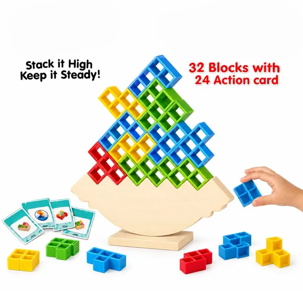 FAMNEST_JOYBOX_Tetra_Balance_Stacking_Tower_Game_|_32_Blocks_and_24_Action_Cards_|_Tetris-Style_Blocks_Wobble_Balancing_STEM_Board_Game_for_Kids_Adults_Boys_Girls_|_Family_Game