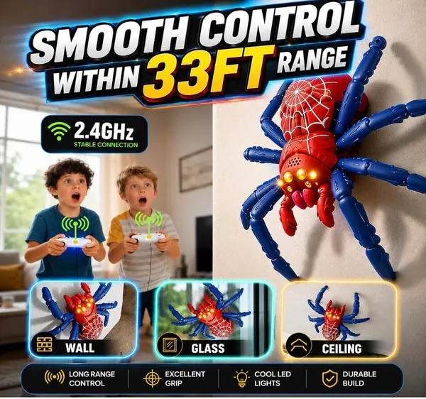 FAMNEST_JOYBOX_Wall_Climbing_Spider_Toy_with_Remote_Control_|_Rechargeable_RC_Creepy_Crawler_with_Glowing_LED_Eyes_|_Multicolor_Prank_Toy_for_Kids,_Boys_&_Girls_Ages_3+