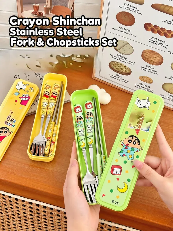 FAMNEST_JOYBOX_Crayon_Shinchan_Portable_Cutlery_Set_with_Case_|_3-Piece_Stainless_Steel_Spoon,_Fork_&_Chopsticks_|_Utensil_Set_for_Kids_and_Adults_|_Bento_Lunch_Box_Accessories_(1_PCs,_Random_Colour)