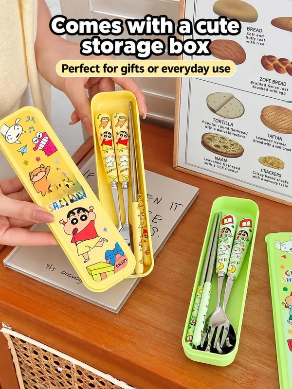 FAMNEST_JOYBOX_Crayon_Shinchan_Portable_Cutlery_Set_with_Case_|_3-Piece_Stainless_Steel_Spoon,_Fork_&_Chopsticks_|_Utensil_Set_for_Kids_and_Adults_|_Bento_Lunch_Box_Accessories_(1_PCs,_Random_Colour)