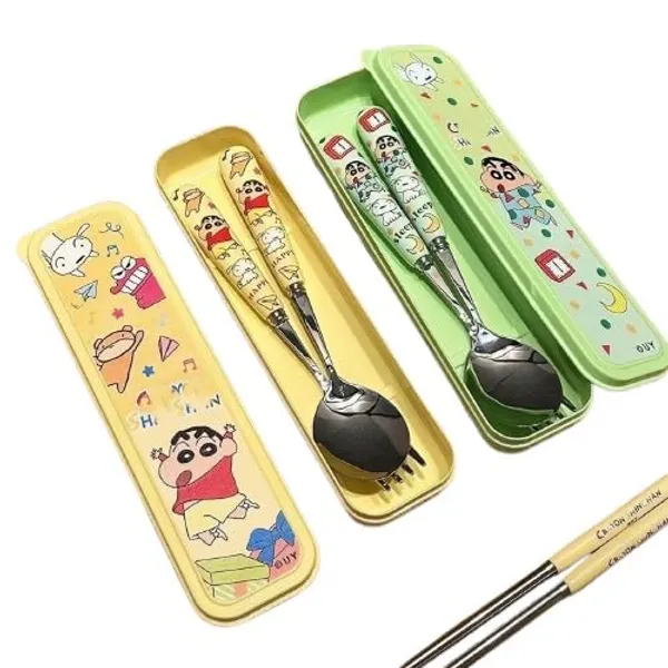 FAMNEST_JOYBOX_Crayon_Shinchan_Portable_Cutlery_Set_with_Case_|_3-Piece_Stainless_Steel_Spoon,_Fork_&_Chopsticks_|_Utensil_Set_for_Kids_and_Adults_|_Bento_Lunch_Box_Accessories_(1_PCs,_Random_Colour)