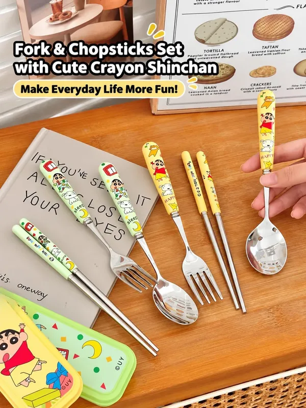 FAMNEST_JOYBOX_Crayon_Shinchan_Portable_Cutlery_Set_with_Case_|_3-Piece_Stainless_Steel_Spoon,_Fork_&_Chopsticks_|_Utensil_Set_for_Kids_and_Adults_|_Bento_Lunch_Box_Accessories_(1_PCs,_Random_Colour)