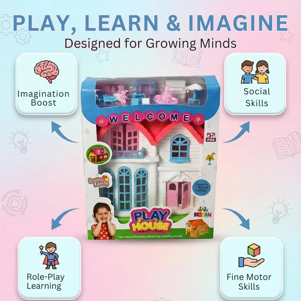 FAMNEST_JOYBOX_Dollhouse_Playset_for_Kids_|_Miniature_Dream_Home_Toy_with_Furniture_and_Accessories_|_Pretend_Play_Doll_House_for_Girls_and_Toddlers_Age_3+,_(Pink_&_White)