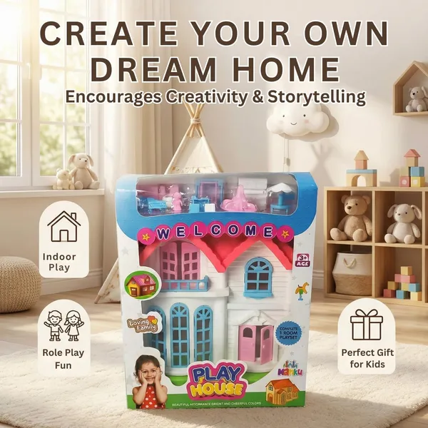 FAMNEST_JOYBOX_Dollhouse_Playset_for_Kids_|_Miniature_Dream_Home_Toy_with_Furniture_and_Accessories_|_Pretend_Play_Doll_House_for_Girls_and_Toddlers_Age_3+,_(Pink_&_White)