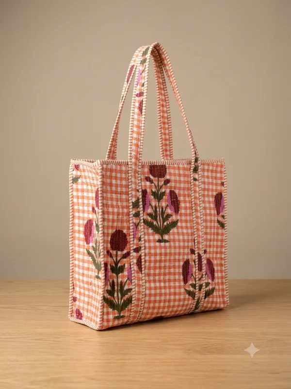 Orange_Quilted_Cotton_Checked_Floral_Embroidered_Tote_Bag_For_Women