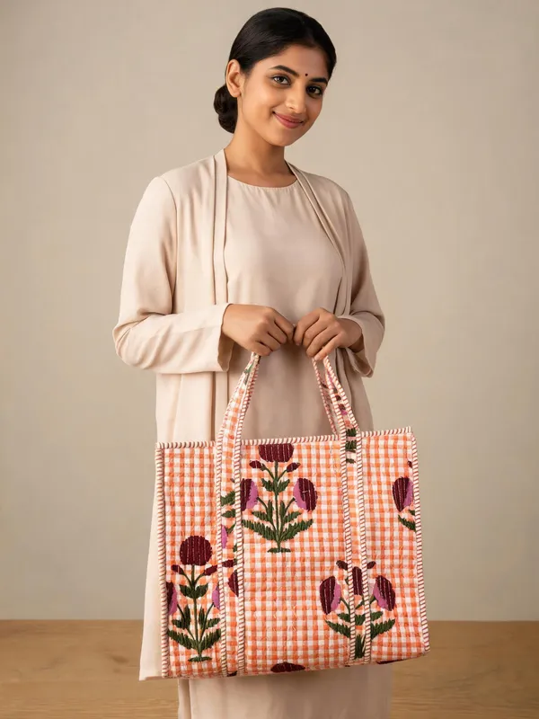 Orange_Quilted_Cotton_Checked_Floral_Embroidered_Tote_Bag_For_Women