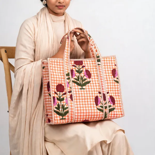Orange_Quilted_Cotton_Checked_Floral_Embroidered_Tote_Bag_For_Women