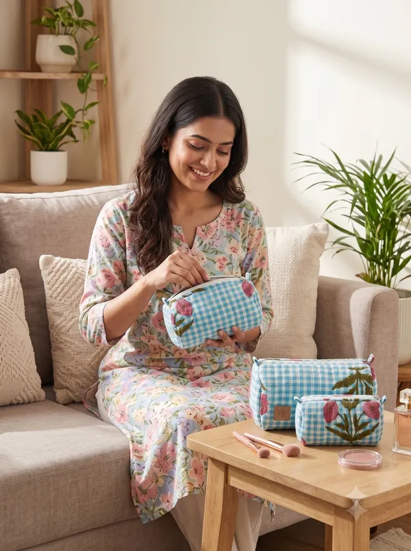 Blue_Cotton_Gingham_Floral_Makeup_Pouch_Set_For_Women