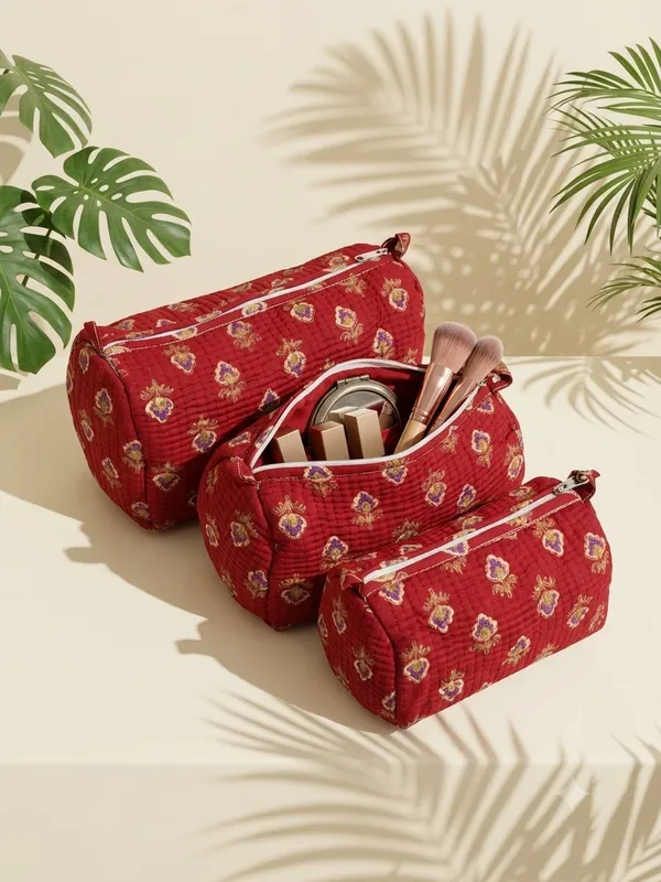 Maroon_Cotton_Quilted_Floral_Cosmetic_Pouch_Set_For_Women