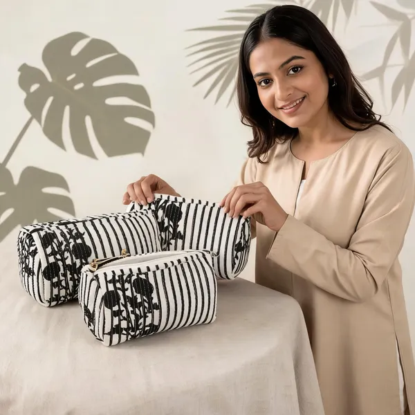 Black_&_White_Cotton_Striped_Print_Cosmetic_Pouch_Set_For_Women