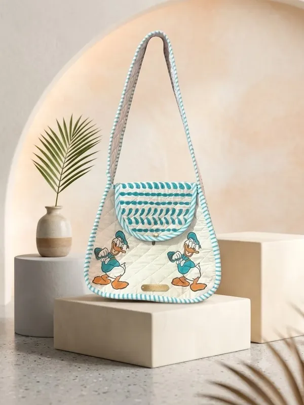 White_Quilted_Cotton_Cartoon_Duck_Print_Sling_Bag_For_Women