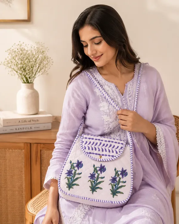 White_Quilted_Cotton_Lavender_Floral_Embroidered_Sling_Bag_For_Women