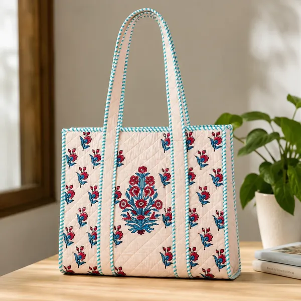Cream_Quilted_Cotton_Floral_Print_Tote_Bag_For_Women