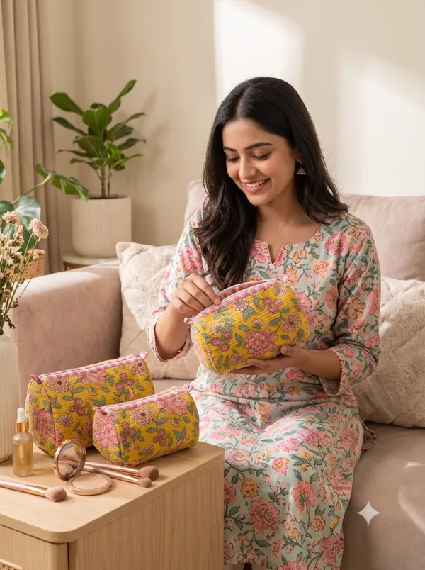 Yellow_Cotton_Quilted_Floral_Print_Cosmetic_Pouch_Set_For_Women