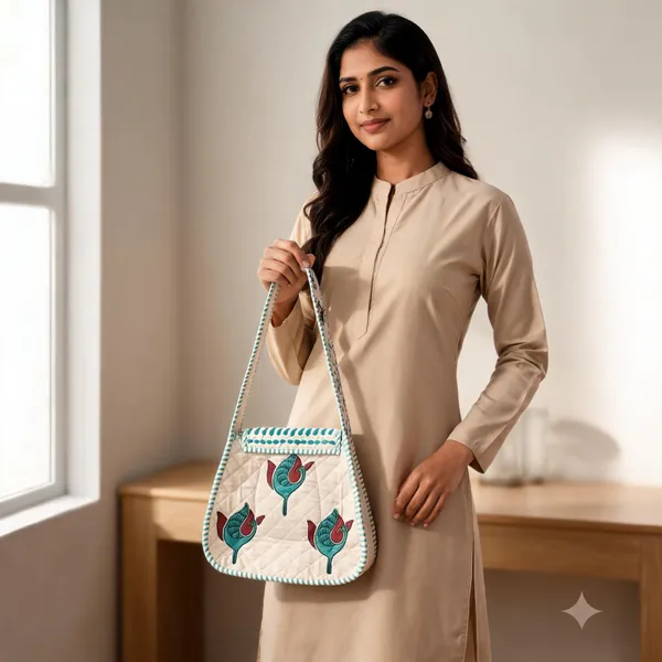 White_Quilted_Cotton_Diamond_Floral_Motif_Sling_Bag_For_Women