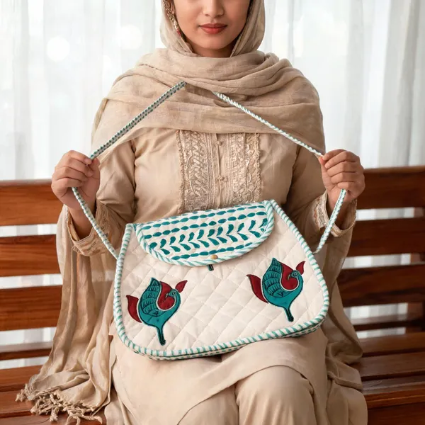 White_Quilted_Cotton_Diamond_Floral_Motif_Sling_Bag_For_Women
