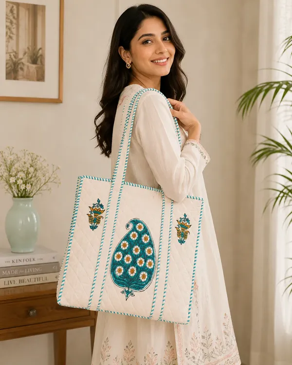 Cream_Quilted_Cotton_Floral_Paisley_Print_Tote_Bag_For_Women