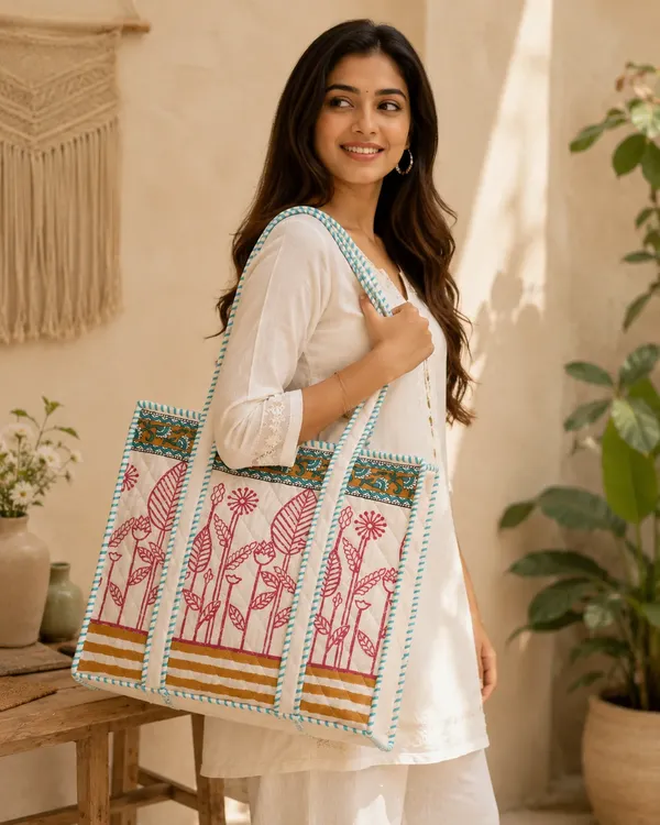 Cream_Quilted_Cotton_Botanical_Print_Tote_Bag_For_Women