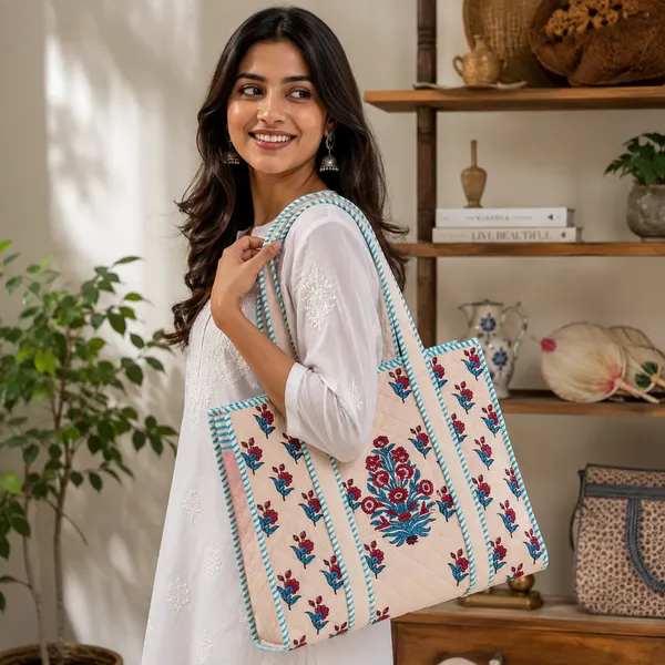 Cream_Quilted_Cotton_Floral_Print_Tote_Bag_For_Women