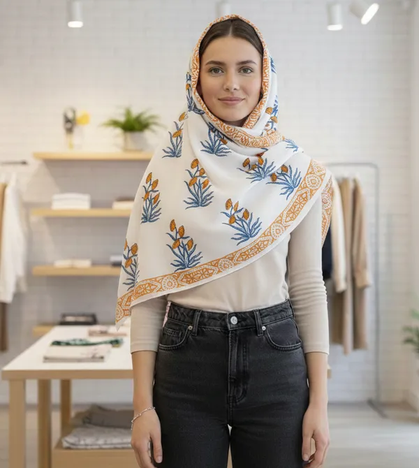 White_Cotton_Botanical_Floral_Print_Scarf_For_Women