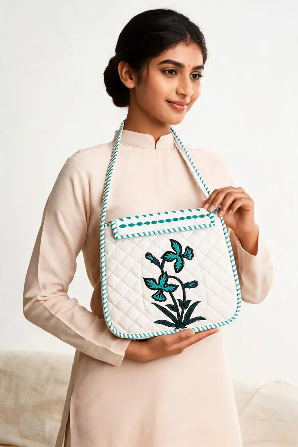 White_Quilted_Cotton_Teal_Floral_Embroidered_Sling_Bag_For_Women