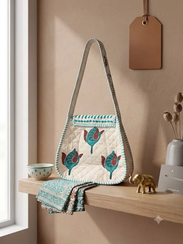 White_Quilted_Cotton_Diamond_Floral_Motif_Sling_Bag_For_Women