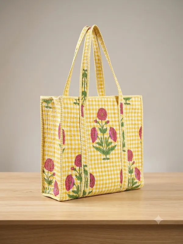 Yellow_Quilted_Cotton_Checked_Floral_Embroidered_Tote_Bag_For_Women
