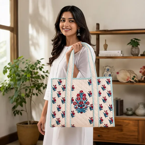 Cream_Quilted_Cotton_Floral_Print_Tote_Bag_For_Women