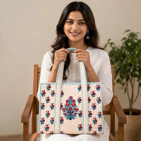 Cream_Quilted_Cotton_Floral_Print_Tote_Bag_For_Women