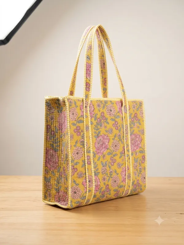 Yellow_Quilted_Cotton_Floral_Print_Tote_Bag_For_Women