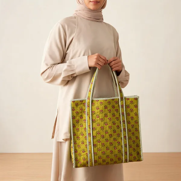 Olive_Green_Quilted_Cotton_Floral_Print_Tote_Bag_For_Women