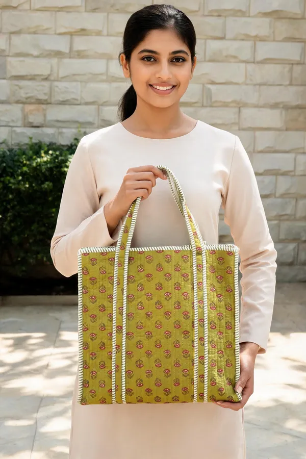 Olive_Green_Quilted_Cotton_Floral_Print_Tote_Bag_For_Women