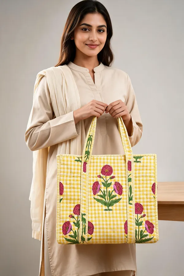 Yellow_Quilted_Cotton_Checked_Floral_Embroidered_Tote_Bag_For_Women