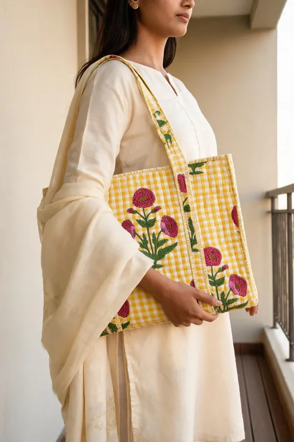 Yellow_Quilted_Cotton_Checked_Floral_Embroidered_Tote_Bag_For_Women