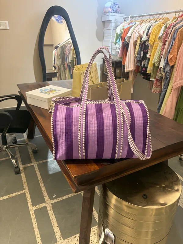 Purple_Woven_Cotton_Striped_Duffle_Bag_For_Women
