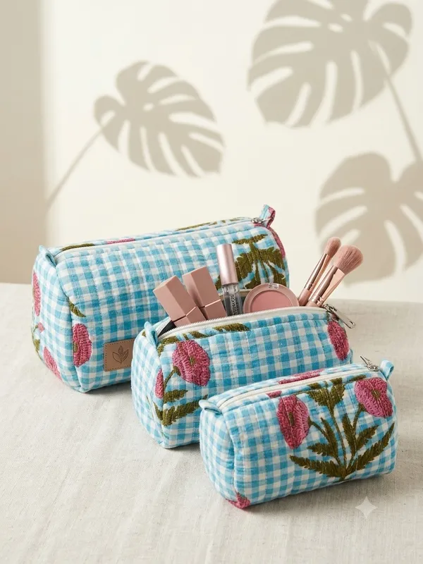 Blue_Cotton_Gingham_Floral_Makeup_Pouch_Set_For_Women