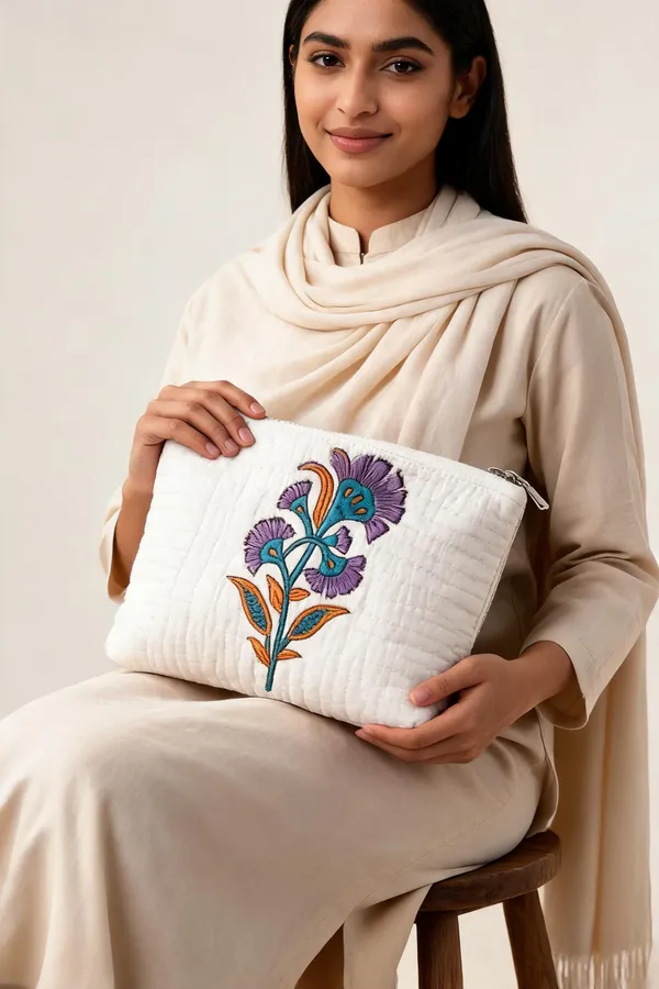 White_Quilted_Cotton_Floral_Embroidered_Cosmetic_Pouch_For_Women