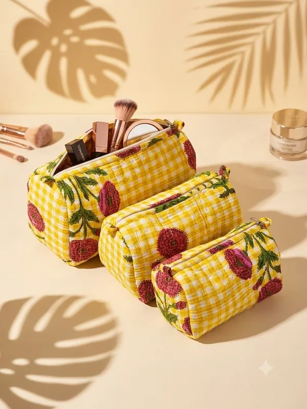 Yellow_Cotton_Floral_Print_Cosmetic_Pouch_Set_For_Women