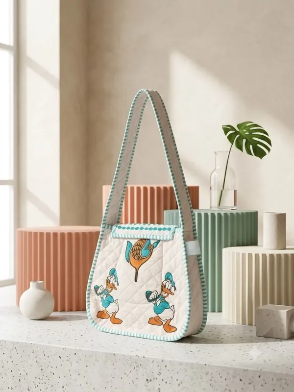 White_Quilted_Cotton_Cartoon_Duck_Print_Sling_Bag_For_Women